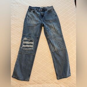Cleo + Wolf High Rise Patchwork Women’s Jeans Distressed Detail Wide Leg Jeans